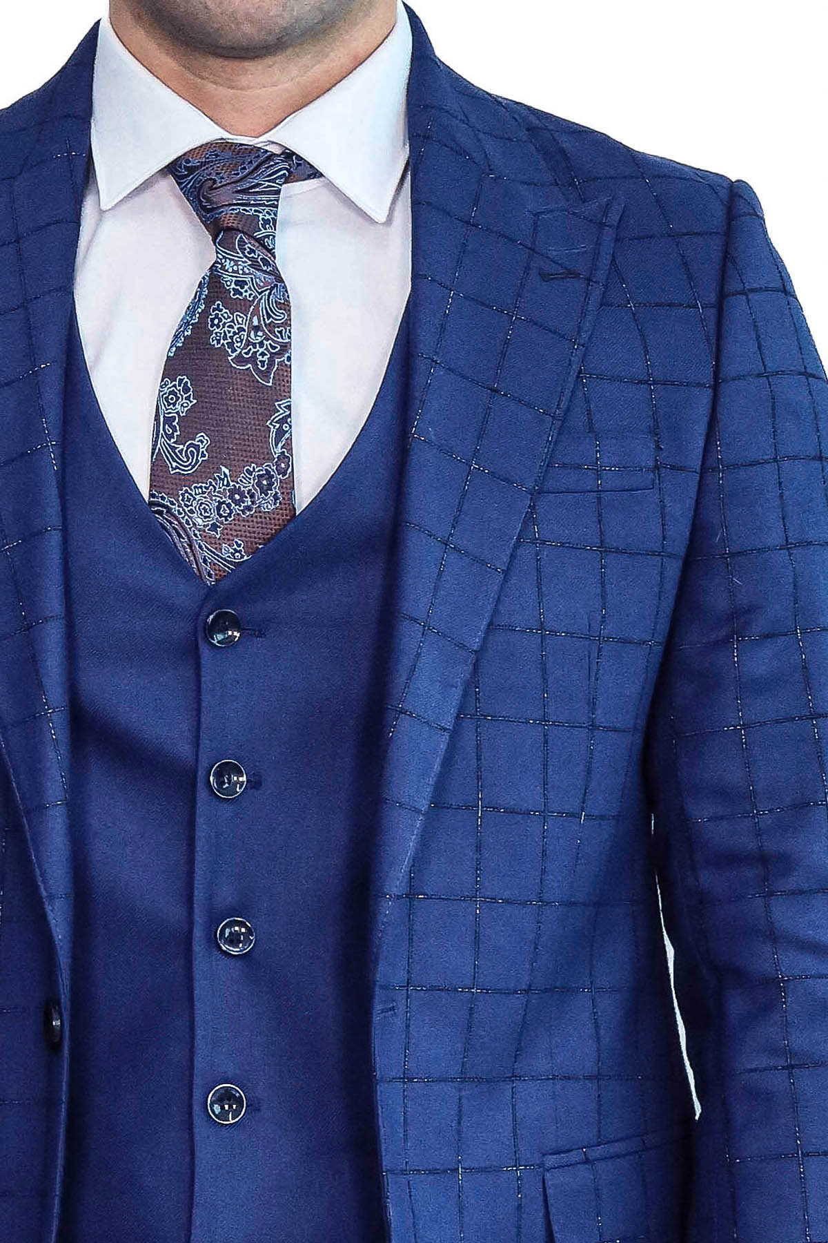 Blue Vested Suit With Plaid Blazer - Wessi