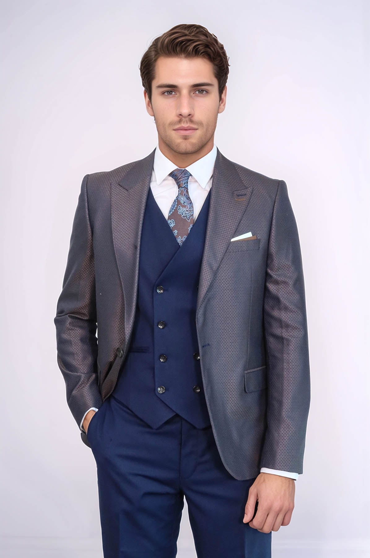 Patterned Navy Blue Brown Men Suit - Wessi