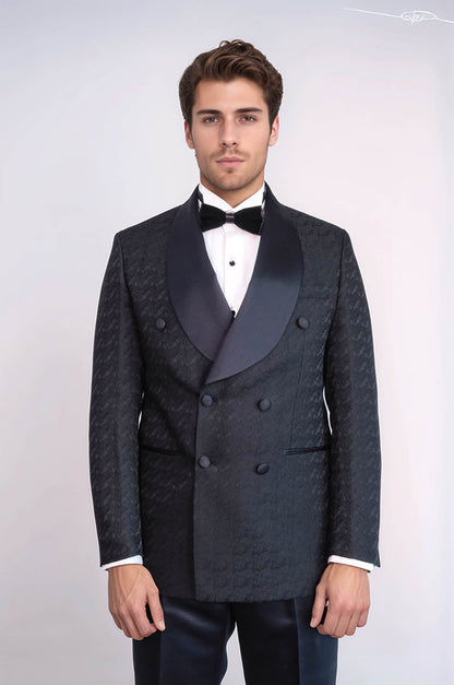 Satin Shawl Collar Patterned Double Breasted Black Men Tuxedo Suit - Wessi