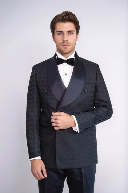 Satin Shawl Collar Patterned Double Breasted Black Men Tuxedo Suit - Wessi