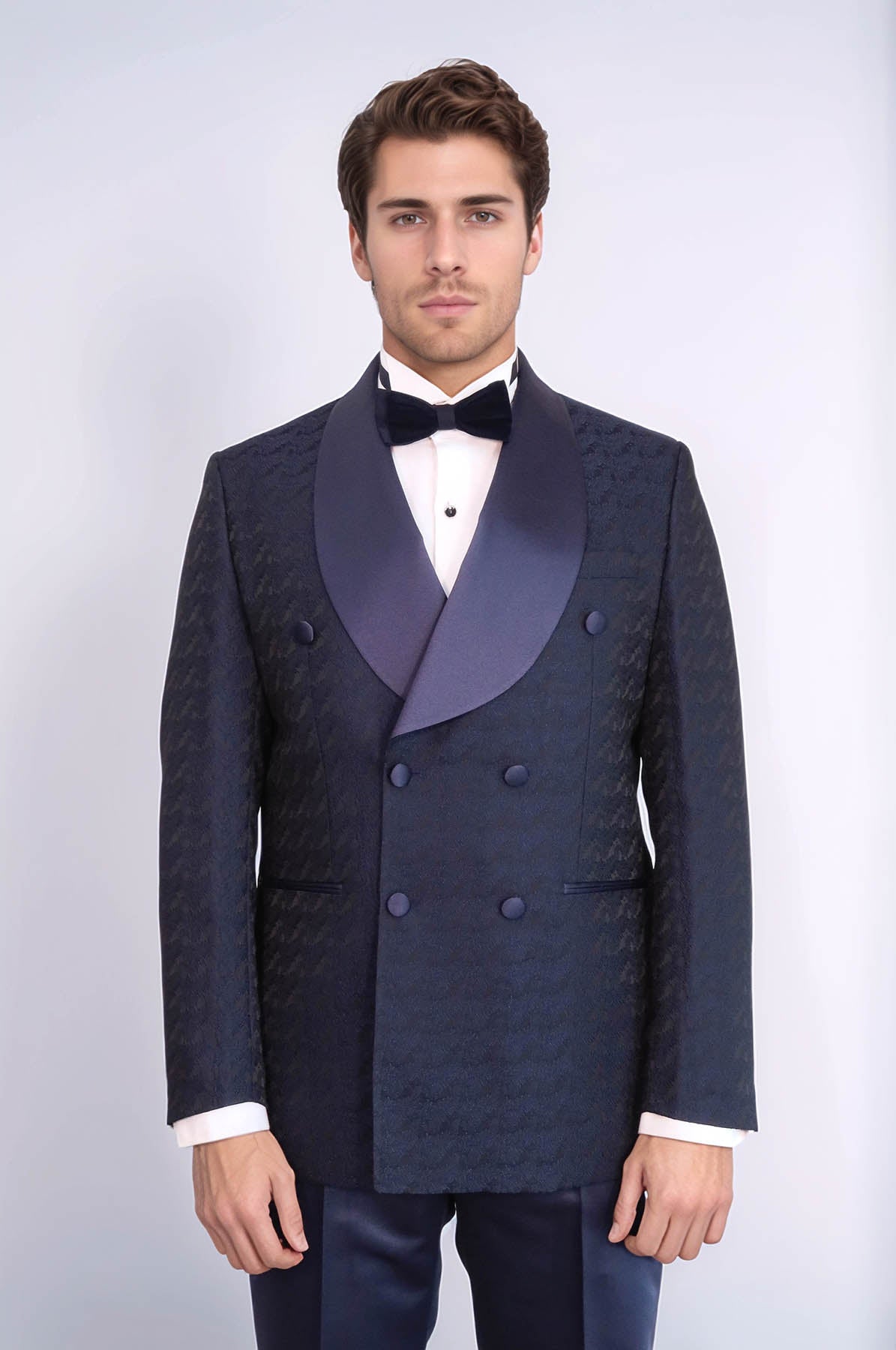 Satin Shawl Collar Patterned Double Breasted Navy Blue Men Tuxedo Suit - Wessi