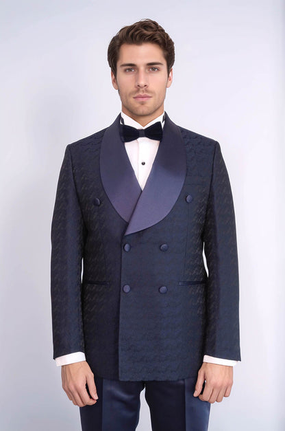 Satin Shawl Collar Patterned Double Breasted Navy Blue Men Tuxedo Suit - Wessi