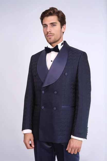 Satin Shawl Collar Patterned Double Breasted Navy Blue Men Tuxedo Suit - Wessi