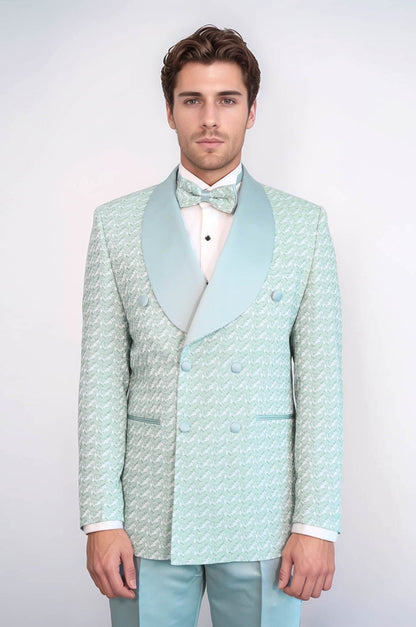 Satin Shawl Collar Patterned Double Breasted Sage Green Men Tuxedo Suit - Wessi