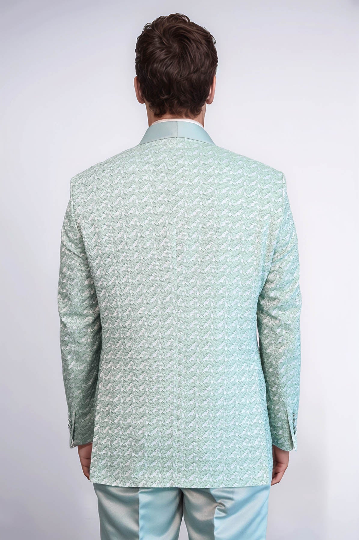 Satin Shawl Collar Patterned Double Breasted Sage Green Men Tuxedo Suit - Wessi