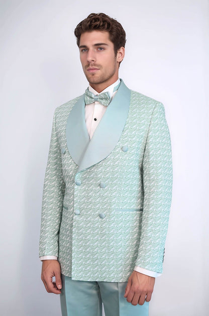 Satin Shawl Collar Patterned Double Breasted Sage Green Men Tuxedo Suit - Wessi