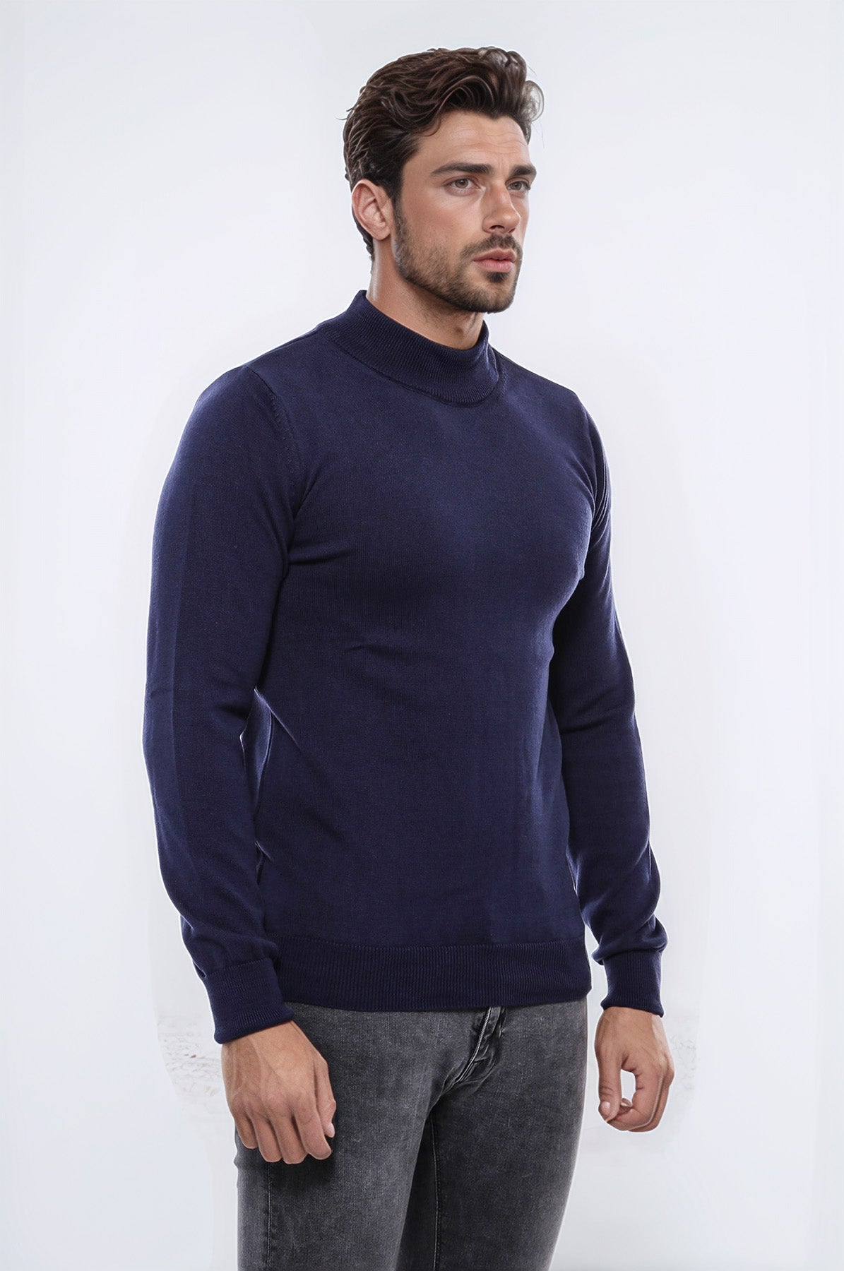Half Turtleneck Knitwear Navy Blue Men Sweater - Wessi