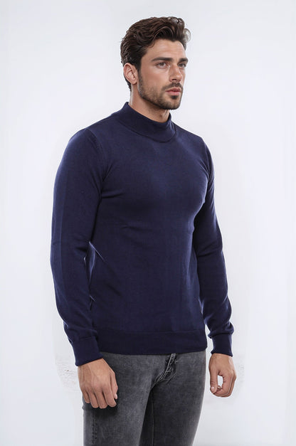 Half Turtleneck Knitwear Navy Blue Men Sweater - Wessi