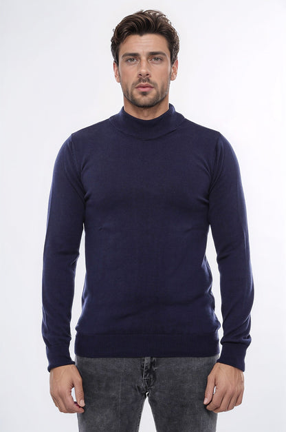 Half Turtleneck Knitwear Navy Blue Men Sweater - Wessi