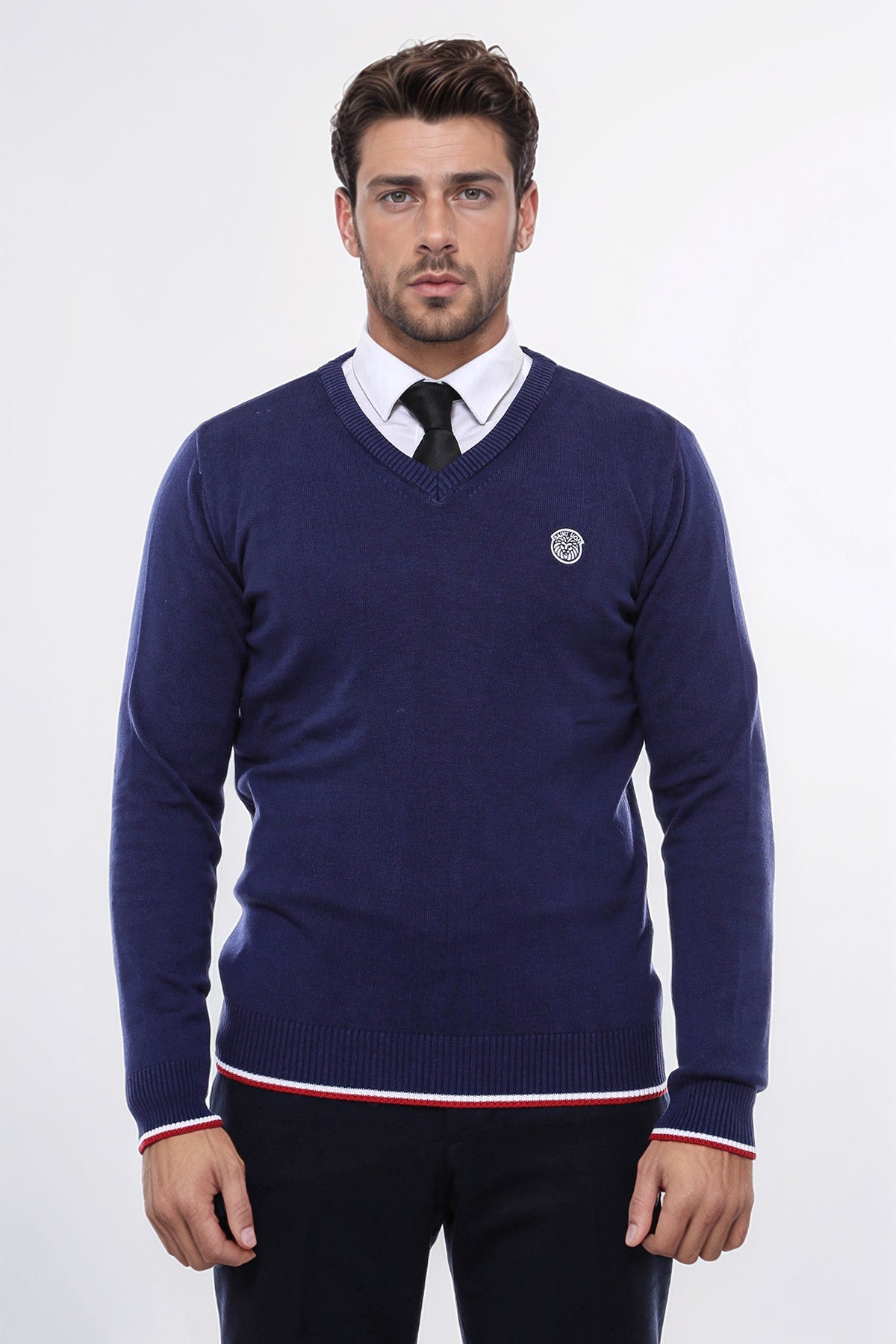 Navy Blue V Neck Slim Fit Men Sweater - Wessi