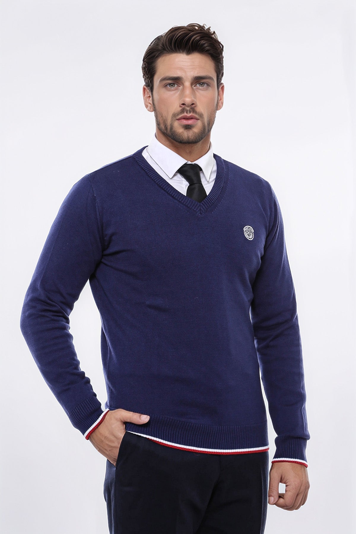 Navy Blue V Neck Slim Fit Men Sweater - Wessi