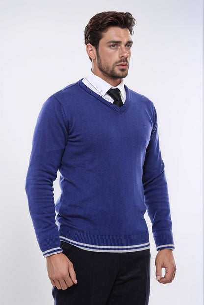 Dark Blue V Neck Slim Fit Sweater - Wessi