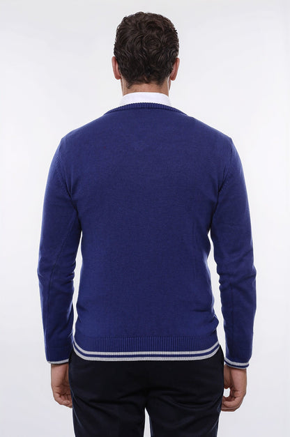 Dark Blue V Neck Slim Fit Sweater - Wessi