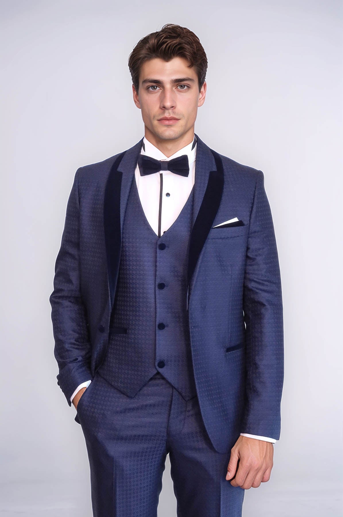 Patterned Velvet Lapel Navy Blue Men Tuxedo - Wessi