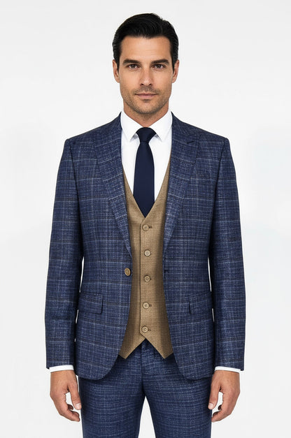 Slim Fit Checked Patterned Navy Blue Men Suit - Wessi