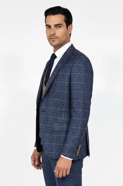 Slim Fit Checked Patterned Navy Blue Men Suit - Wessi