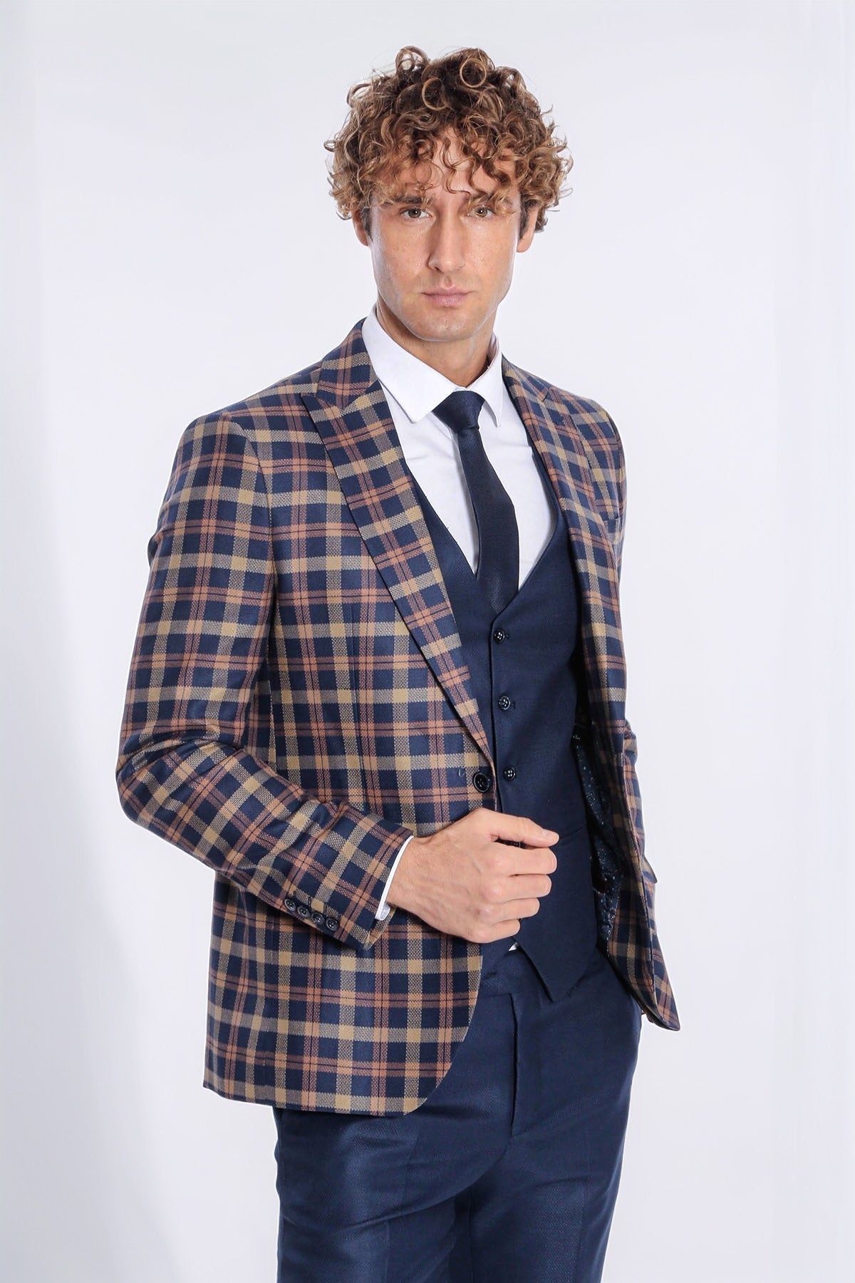 Checked Blazer Slim Fit Navy Blue Men Suit - Wessi