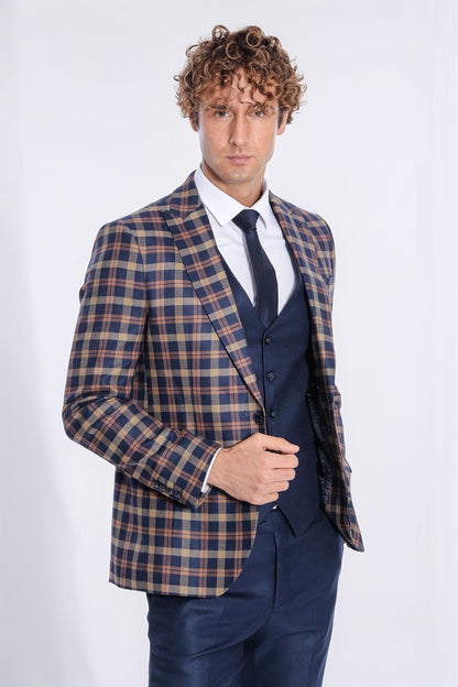 Checked Blazer Slim Fit Navy Blue Men Suit - Wessi