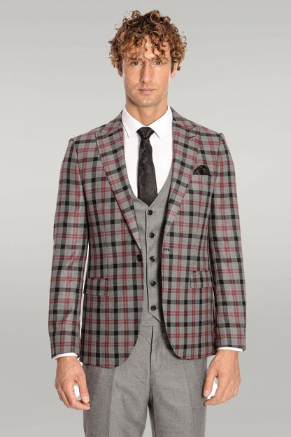 Checked Slim Fit Grey Men Suit - Wessi
