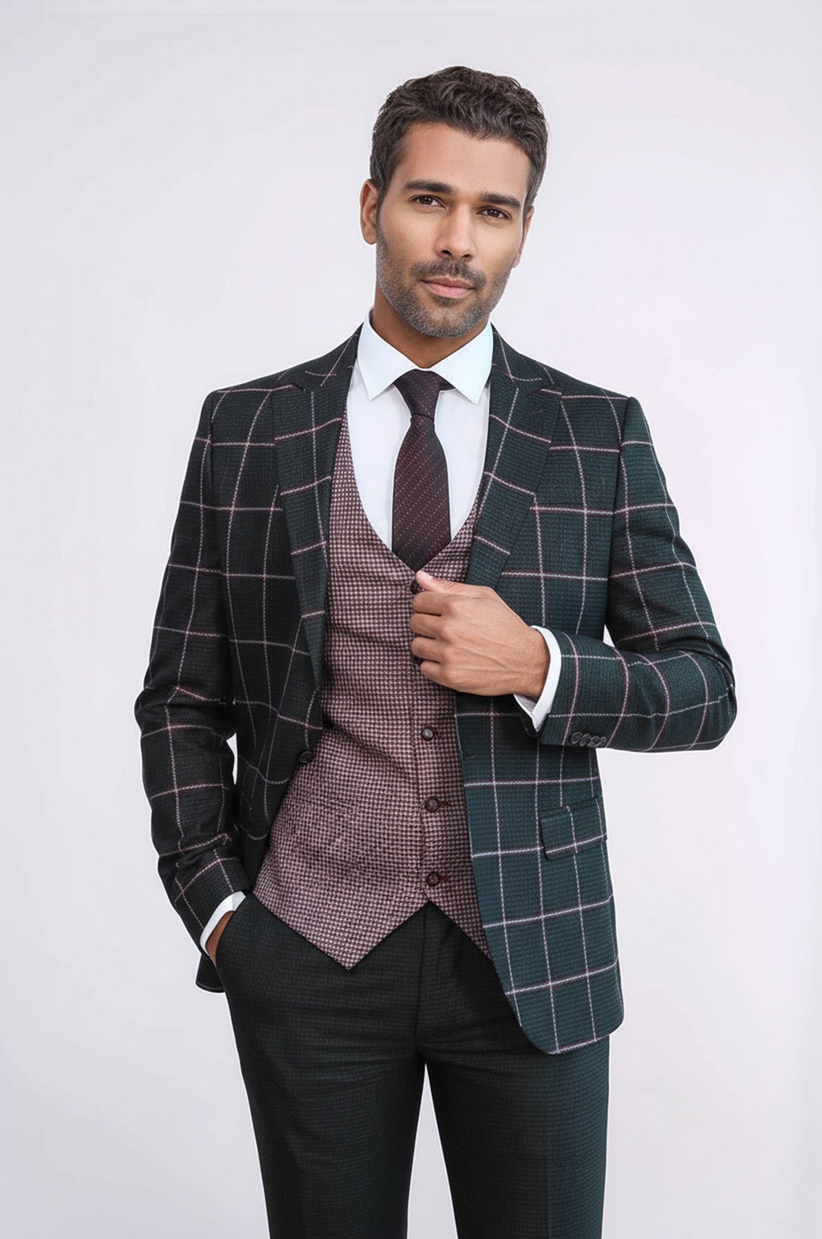 Checked Patterned Slim Fit Black Men Suit - Wessi