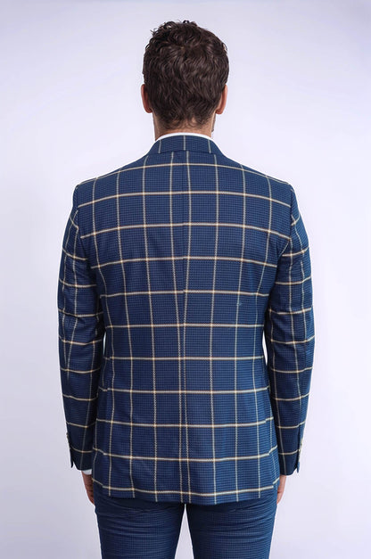 Checked Patterned Slim Fit Navy Blue Men Suit - Wessi