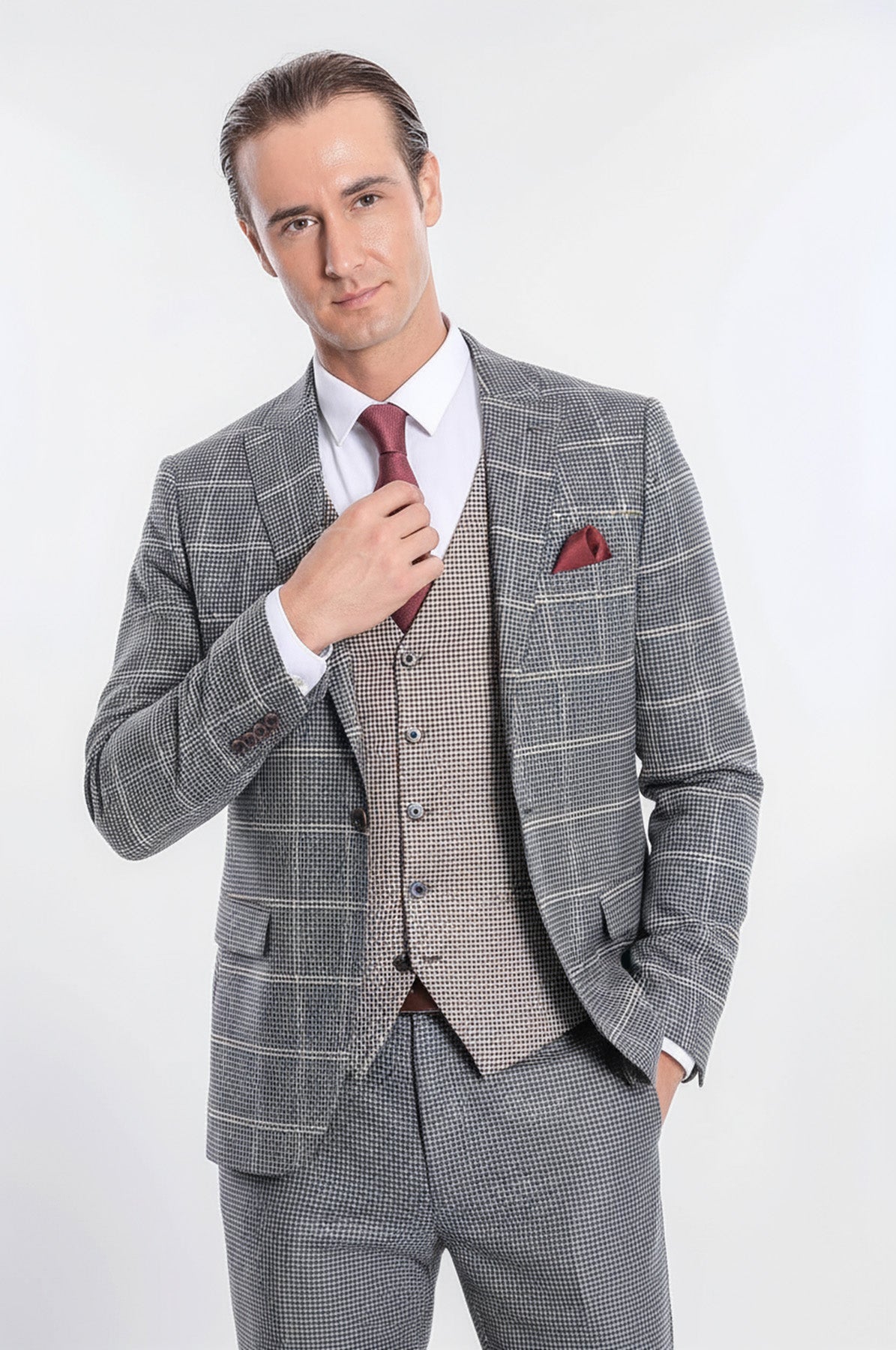 Checked Patterned Beige Vested Slim Fit Grey Men Suit - Wessi