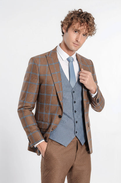 Checked Patterned Slim Fit Brown Men Suit - Wessi