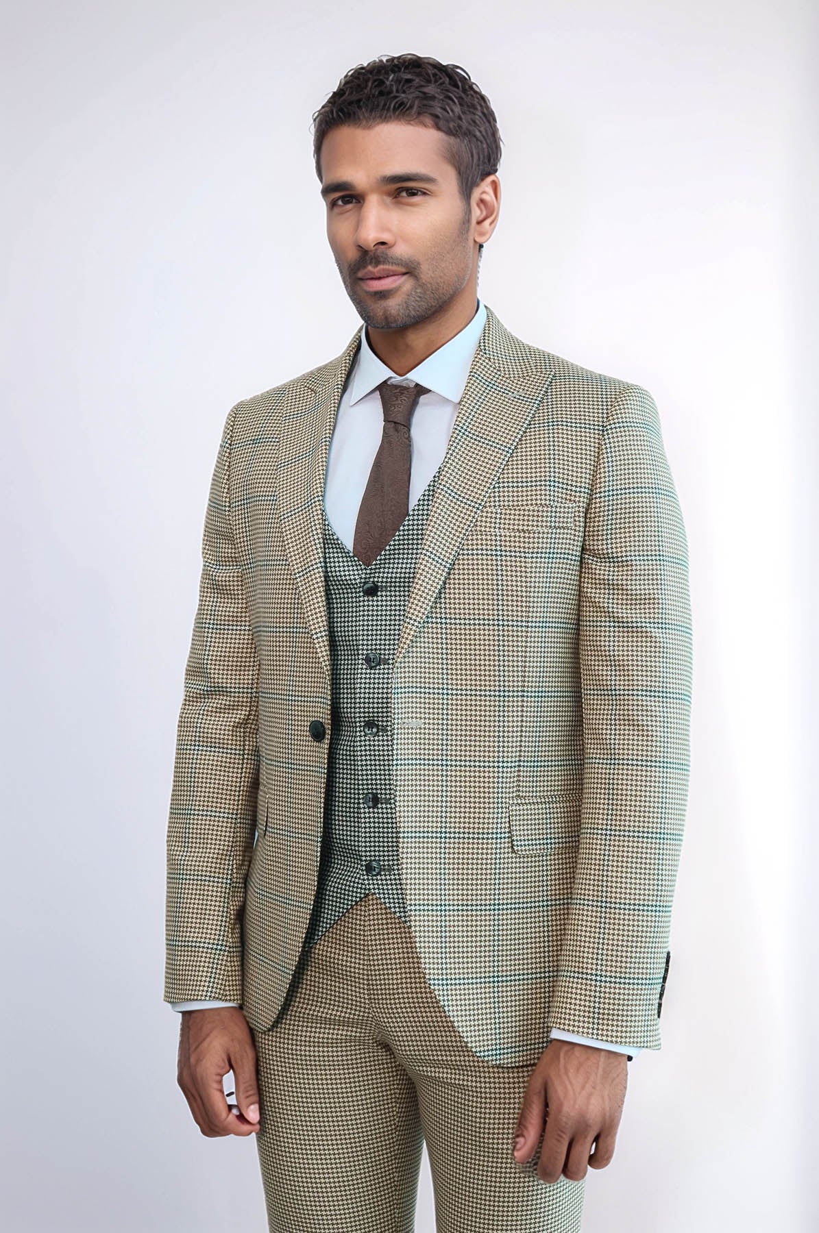 Checked Patterned Slim Fit Beige Men Suit - Wessi