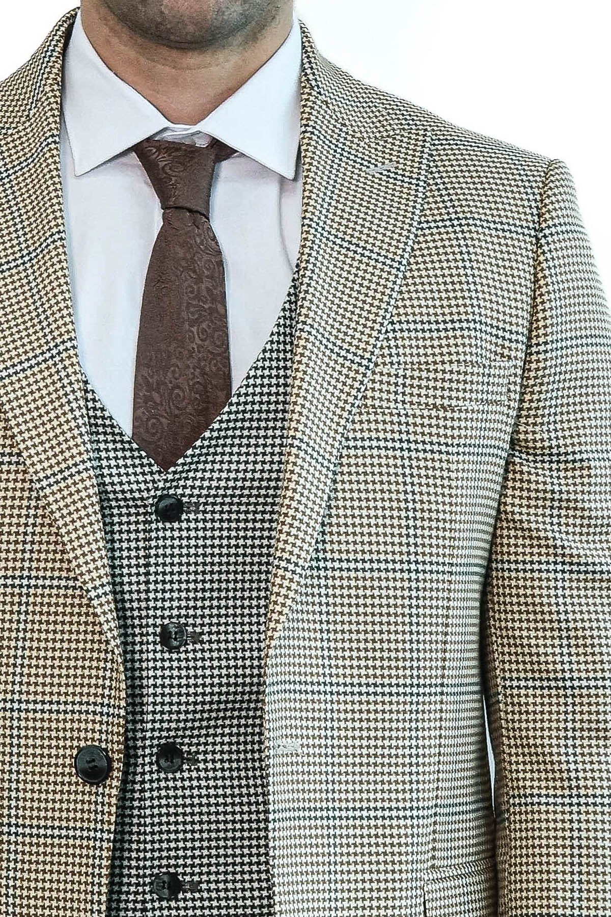 Checked Patterned Slim Fit Beige Men Suit - Wessi