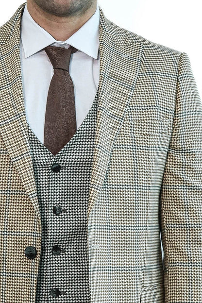Checked Patterned Slim Fit Beige Men Suit - Wessi