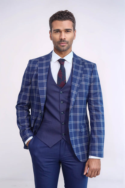 Slim Fit Vested Peak Lapel Checked Navy Blue Men Combination Suit