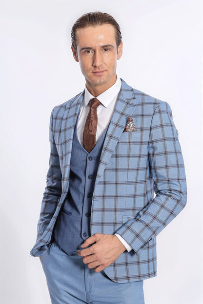 Checked Patterned Slim Fit Blue Men Suit - Wessi