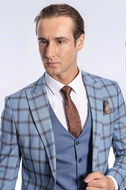 Checked Patterned Slim Fit Blue Men Suit - Wessi