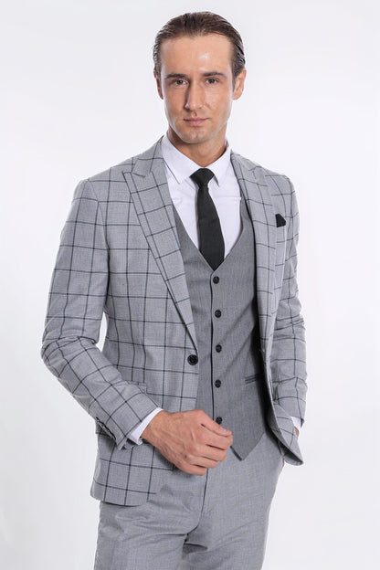 Checked Patterned Slim Fit Grey Men Suit - Wessi