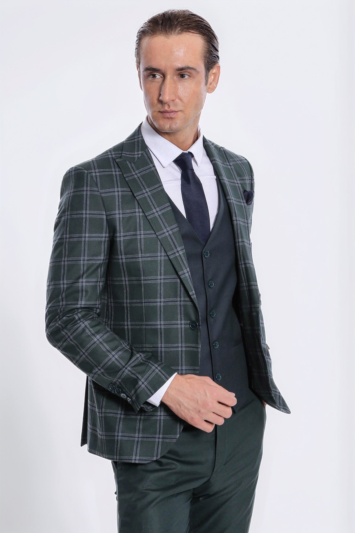 Checked Patterned Slim Fit Green Men Suit - Wessi