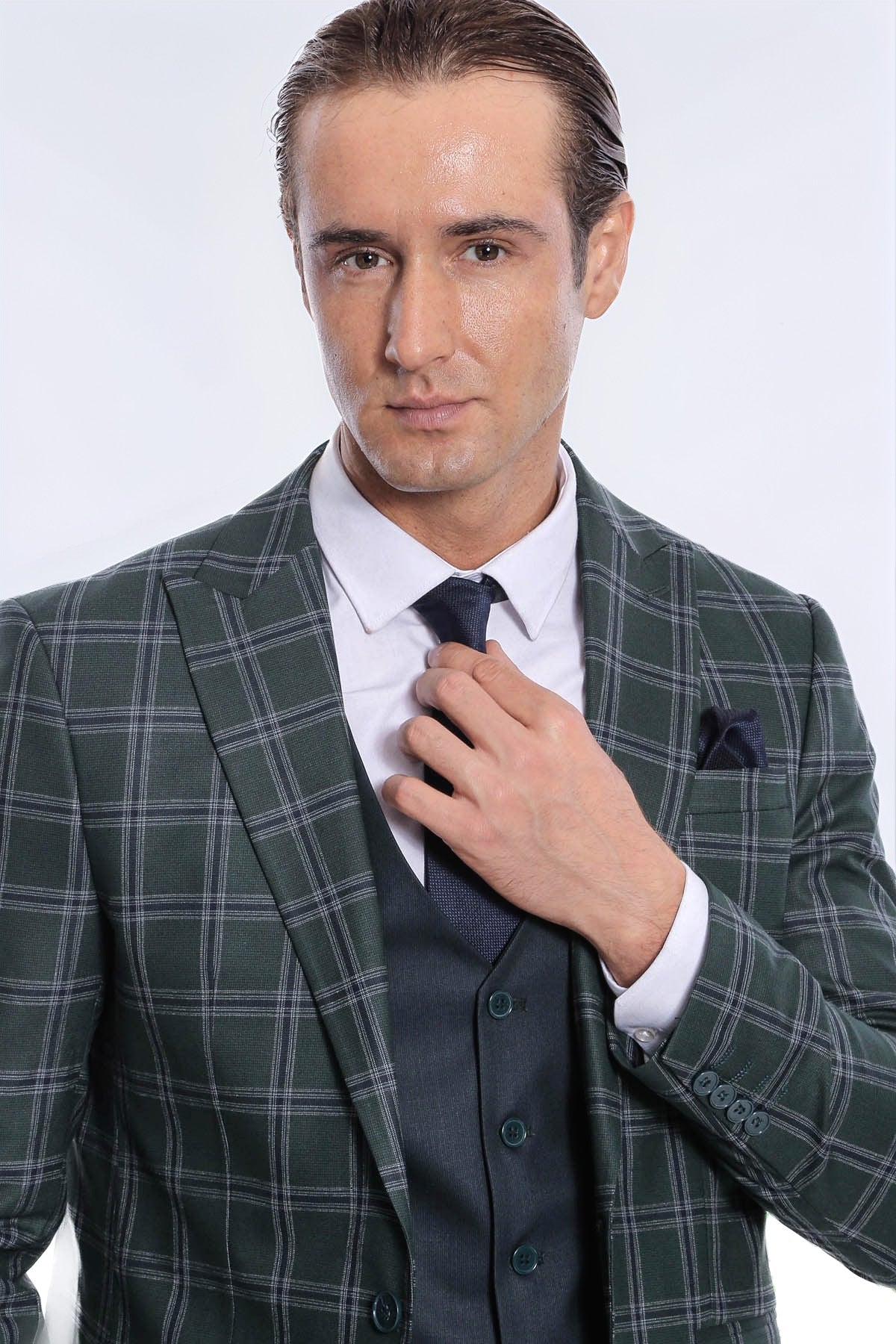 Checked Patterned Slim Fit Green Men Suit - Wessi