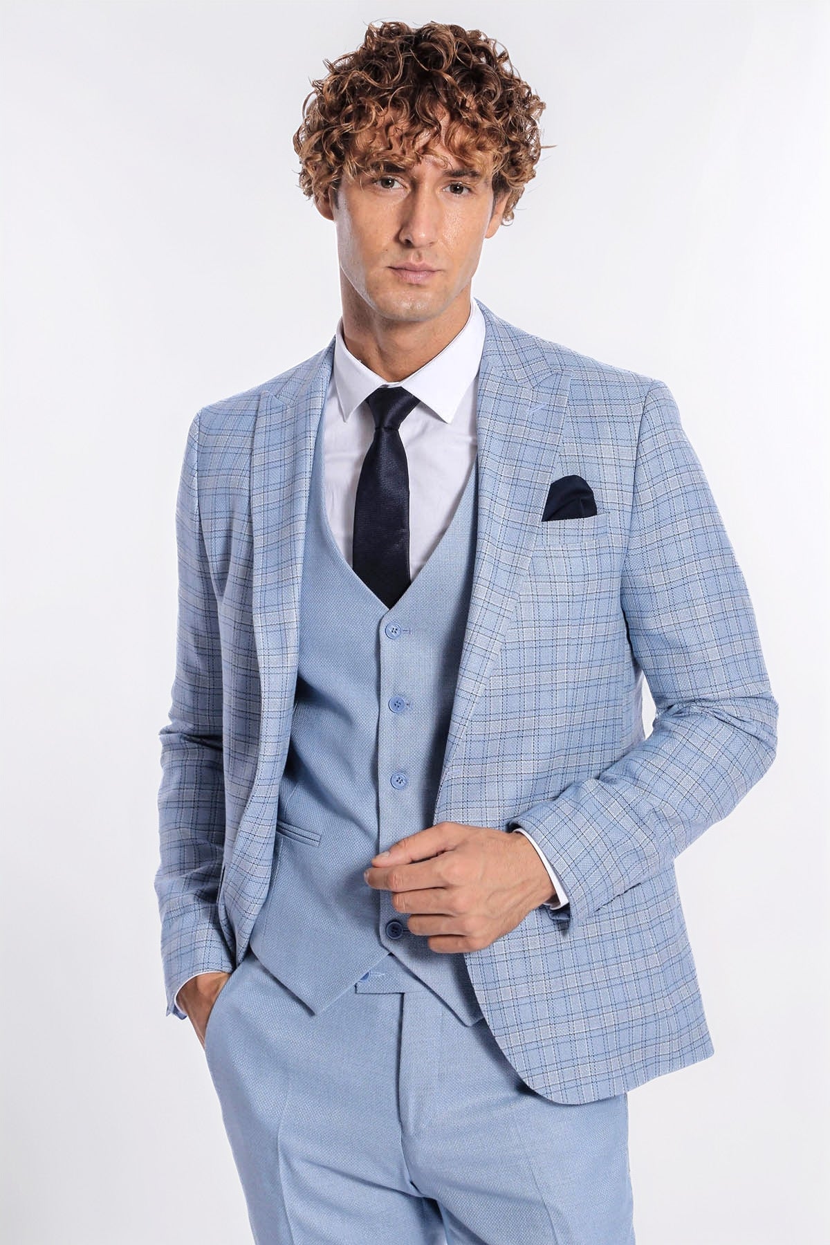 Checked Slim Fit Light Blue Men Suit - Wessi