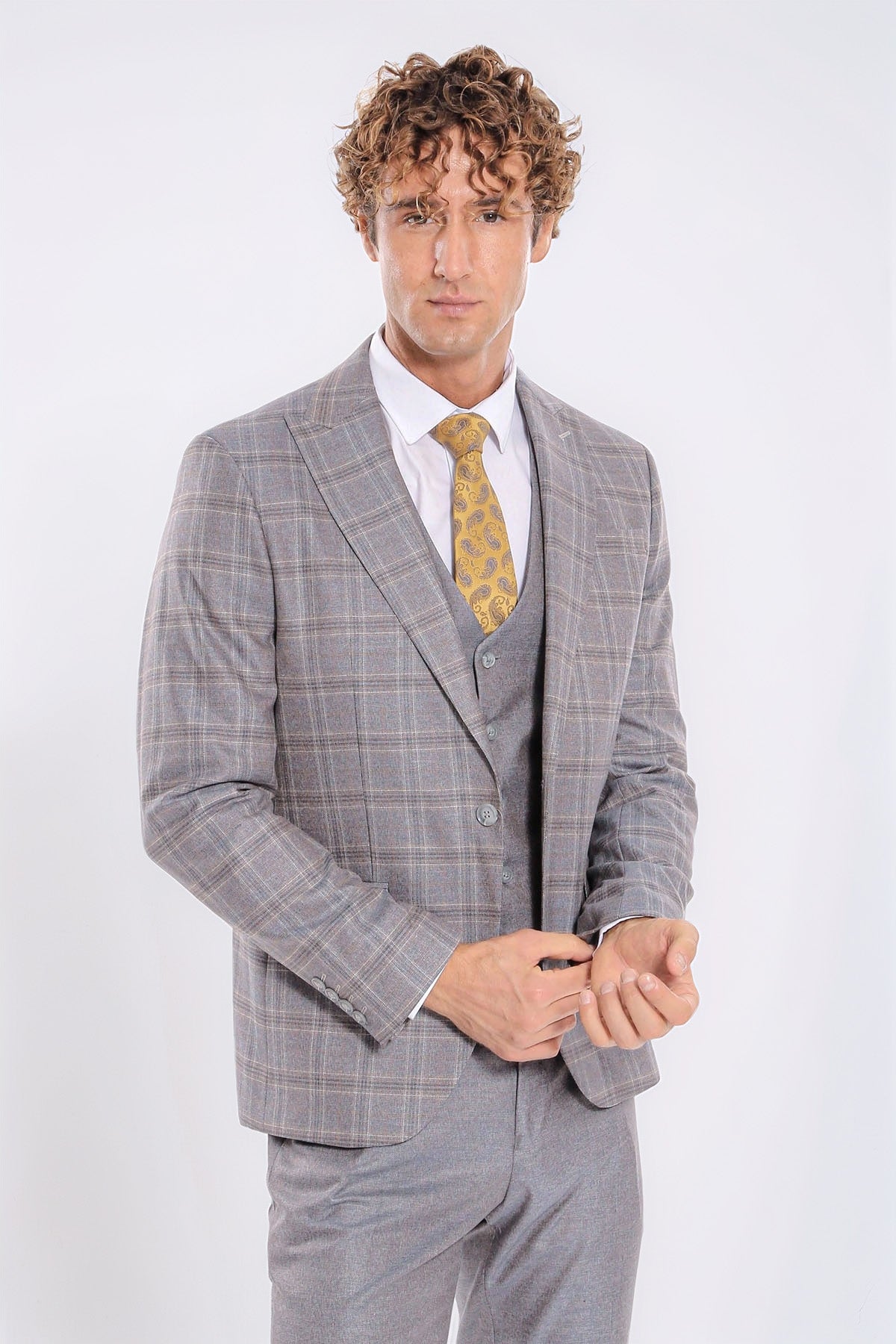 Checked Slim Fit Light Blue Men Suit - Wessi