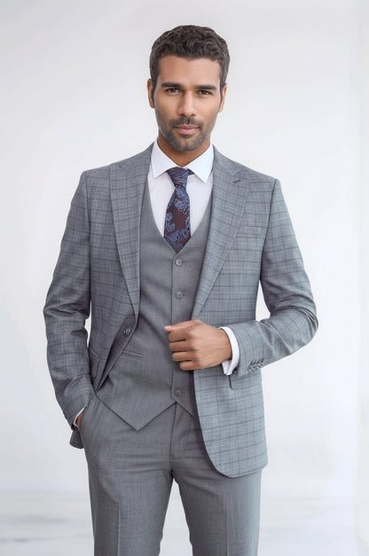 Checked Slim Fit Grey Men Suit - Wessi