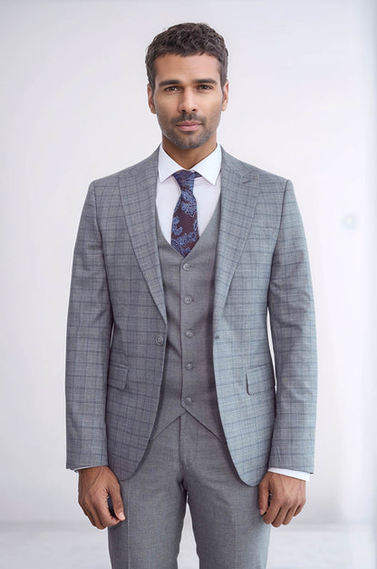 Checked Slim Fit Grey Men Suit - Wessi