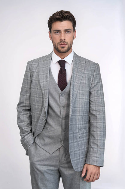 Checked Slim Fit Light Grey Men Suit - Wessi