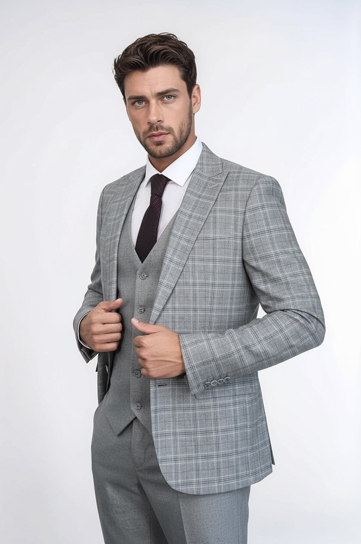 Checked Slim Fit Light Grey Men Suit - Wessi