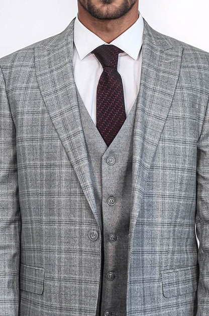 Checked Slim Fit Light Grey Men Suit - Wessi
