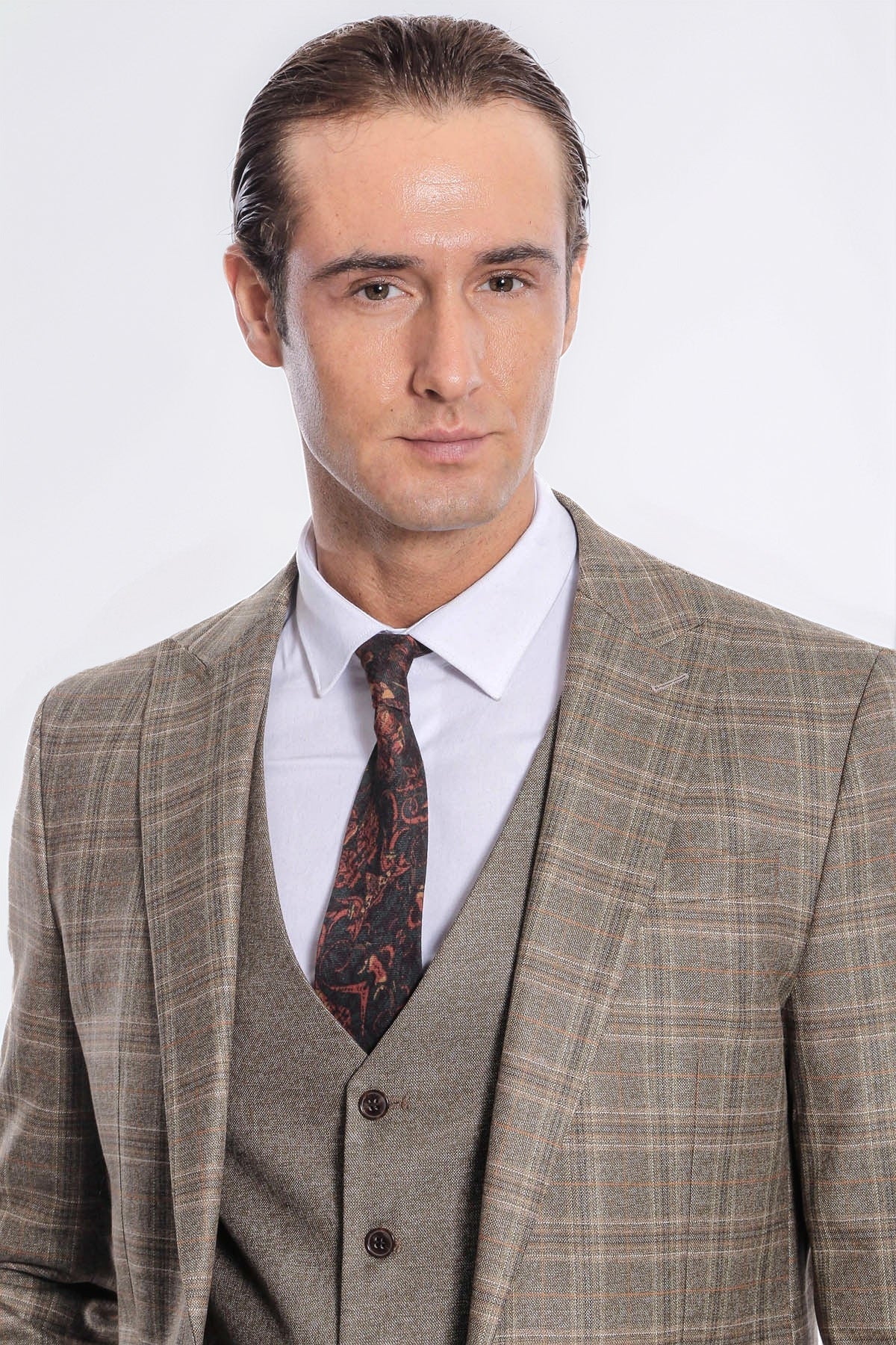 Checked Slim Fit Brown Men Suit - Wessi