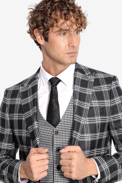 Slim Fit Patterned Checked Black Men Suit - Wessi