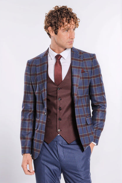 Patterned Checked Slim Fit Blue Men Suit - Wessi