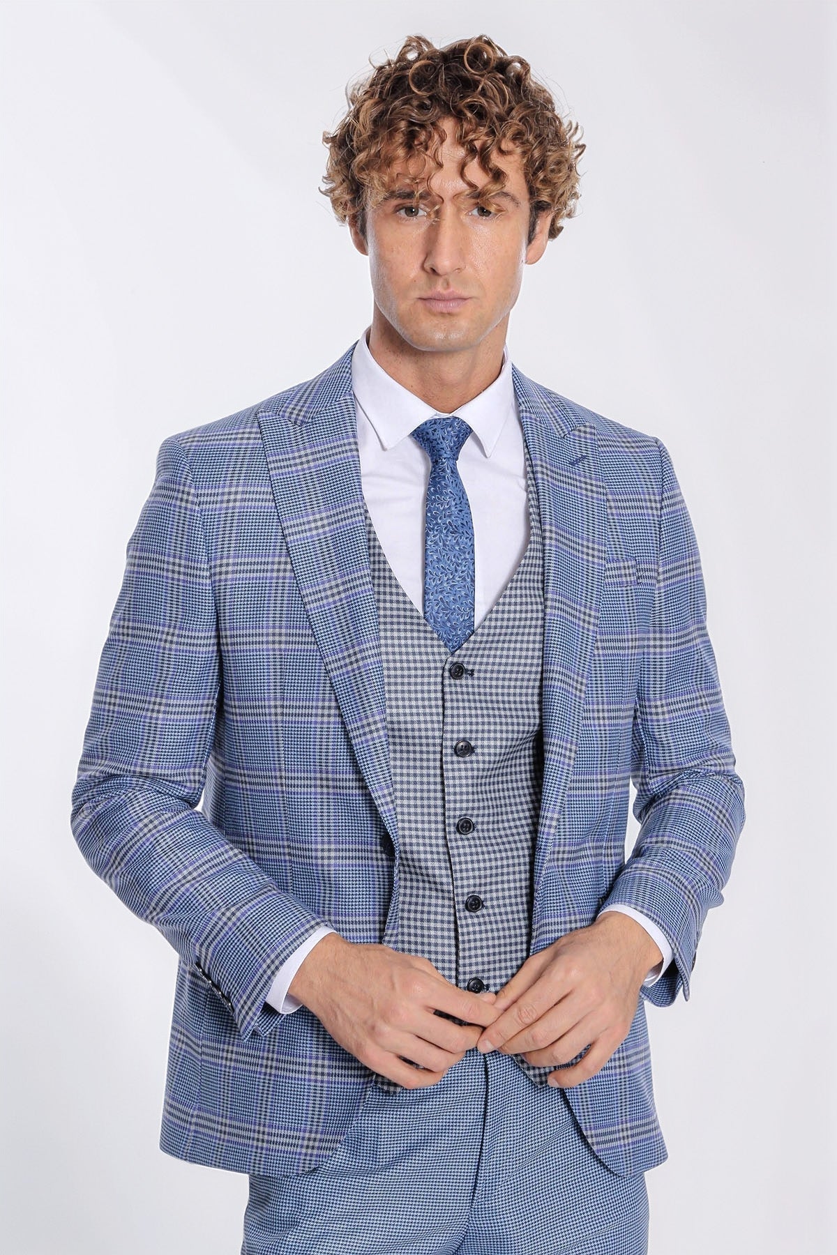 Patterned Checked Slim Fit Blue Men Suit - Wessi
