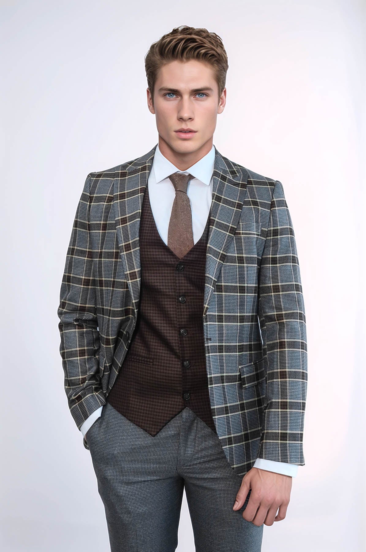 Patterned Checked Slim Fit Anthracite Men Suit - Wessi