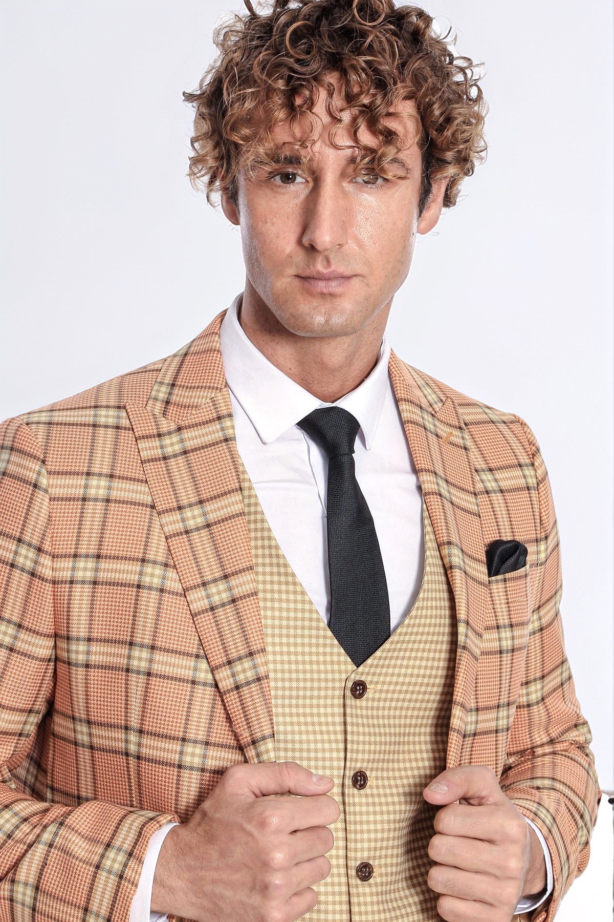 Slim Fit Patterned Checked Orange Men Suit - Wessi