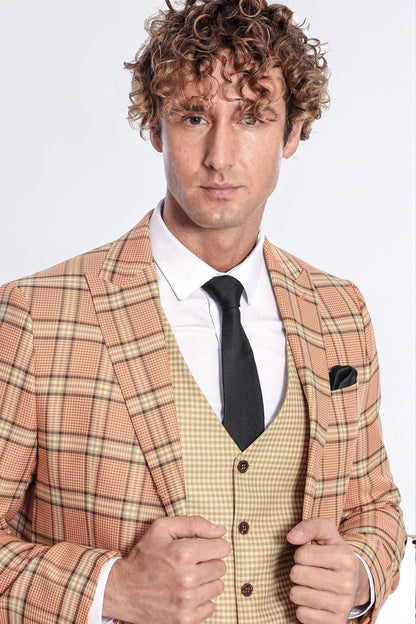 Slim Fit Patterned Checked Orange Men Suit - Wessi